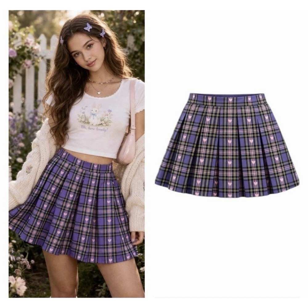 Hot Topic Women Large 12 Pleated Mini Skirt Purple Pink Heart Plaid Grunge